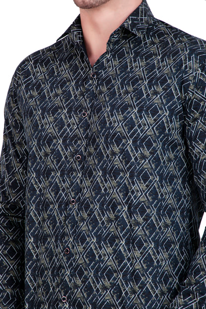 Men’s Satin Shirt with Criss-Cross Print with Regular Fit