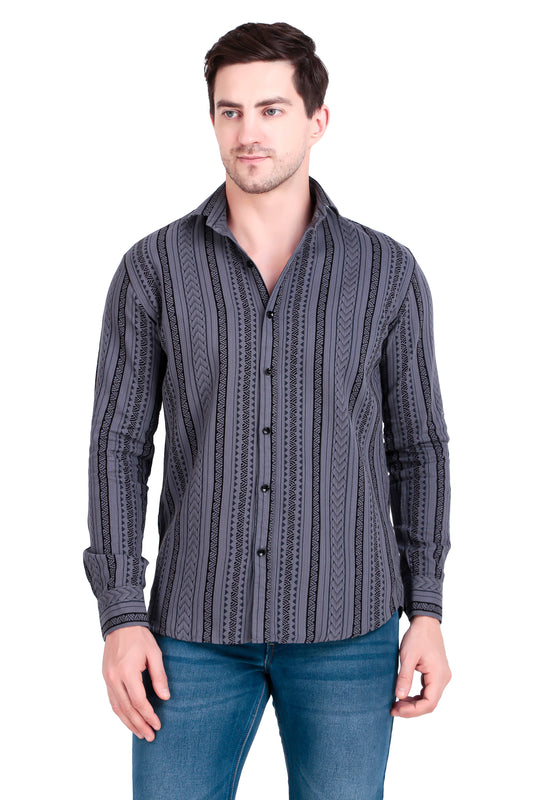 Men's Slate grey Cotton Striped Shirt With Detachable Hoodie