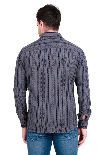 Men's Slate grey Cotton Striped Shirt With Detachable Hoodie
