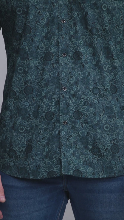 Regular Fit Green Floral Satin Shirt