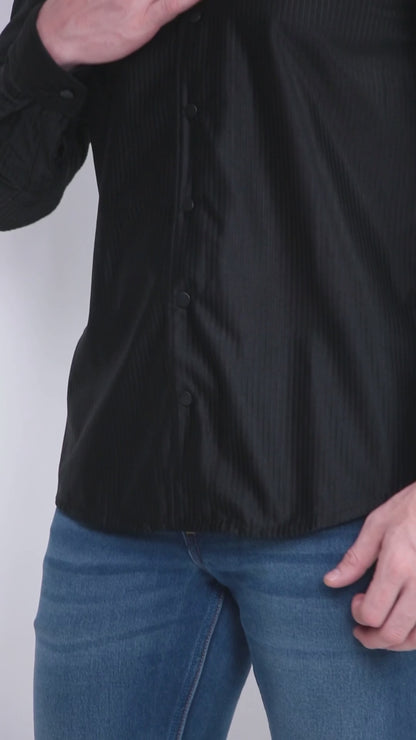 Code Textured Cuban Collar Black Shirt